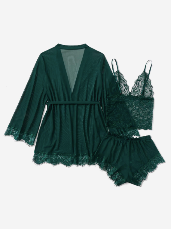 Classic Sexy 4 pièces Ensemble de lingerie à dentelle en tulle & Peignoir & Ceinture