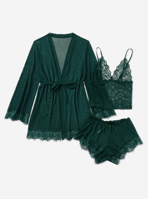 Classic Sexy 4 pièces Ensemble de lingerie à dentelle en tulle & Peignoir & Ceinture