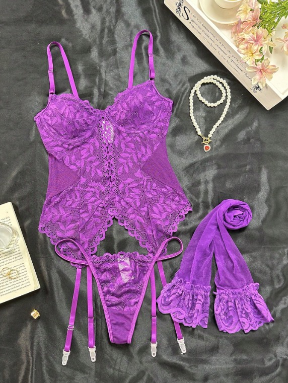 Ensemble de lingerie avec corsage à armatures en dentelle florale, porte-jarretelles et 1 paire de bas