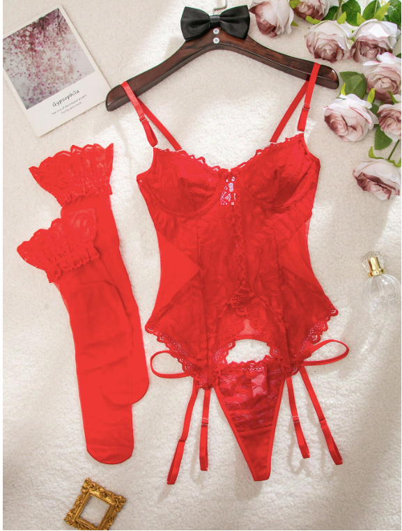 Ensemble de lingerie avec corsage à armatures en dentelle florale, porte-jarretelles et 1 paire de bas