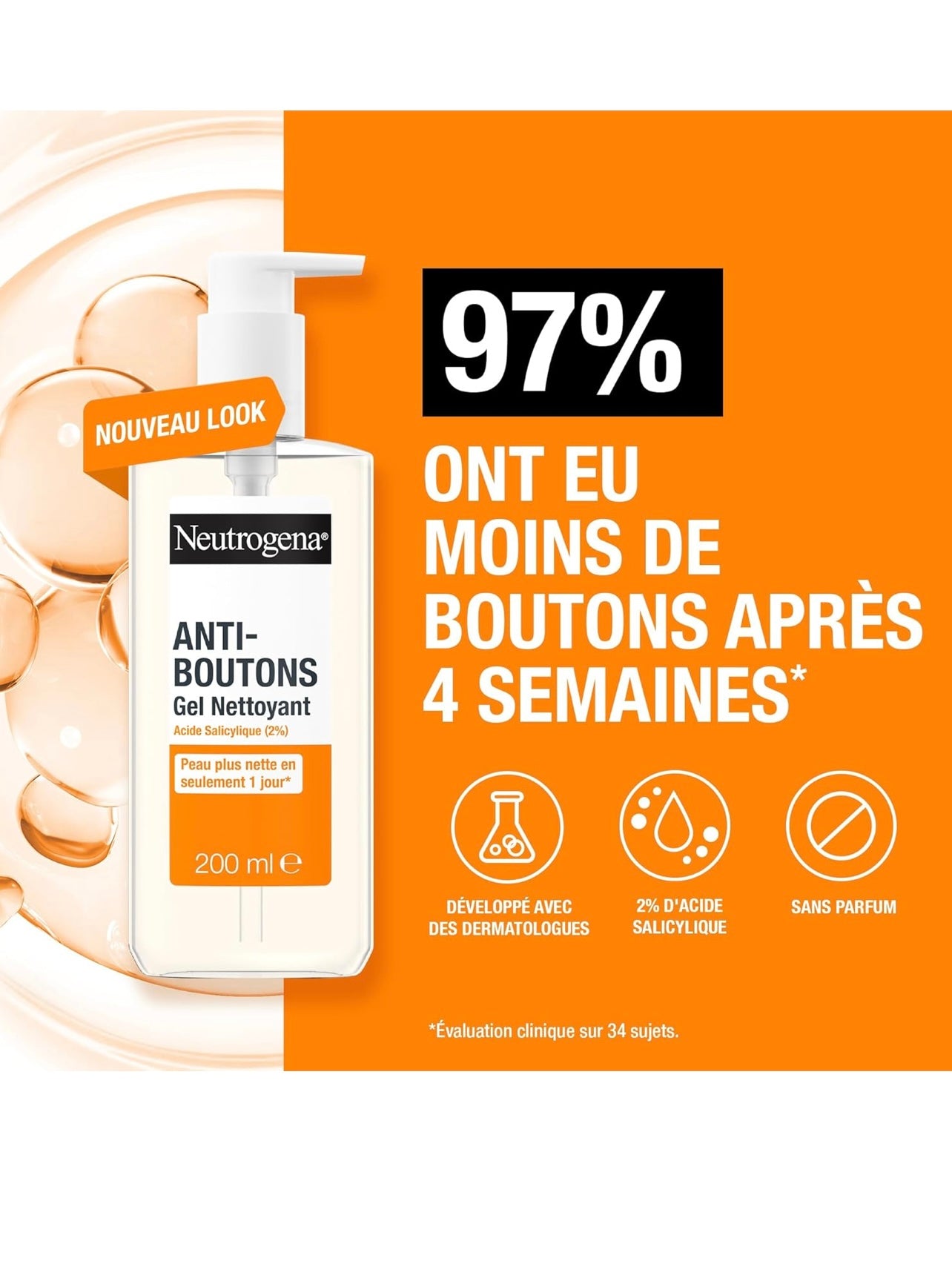 Neutrogena | Gel Nettoyant Anti-Boutons (flacon-pompe de 200 ml) – Nettoyant visage à l'acide salicylique (2%) – Élimine l'excès de sébum et les impuretés pour une peau plus nette en seulement 1 jour*