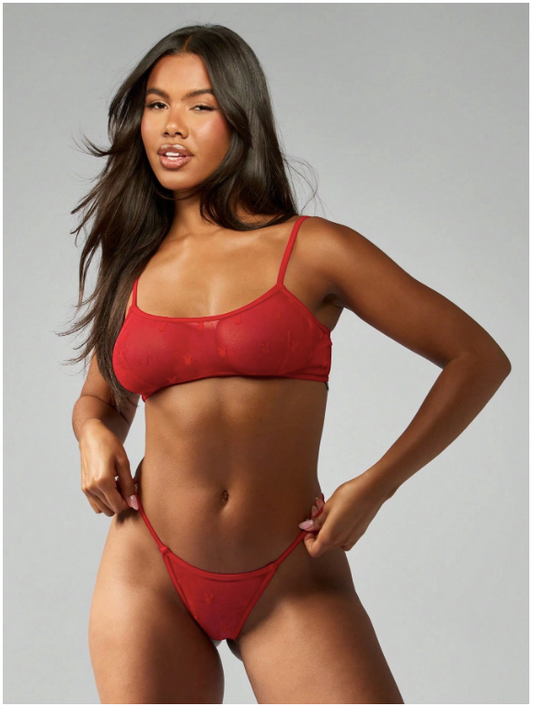 Missguided x Playboy MISSGUIDED Ensemble de lingerie 2 pièces délicat et féminin en maille - brassière et culotte. Idéal pour les vacances, la lune de miel