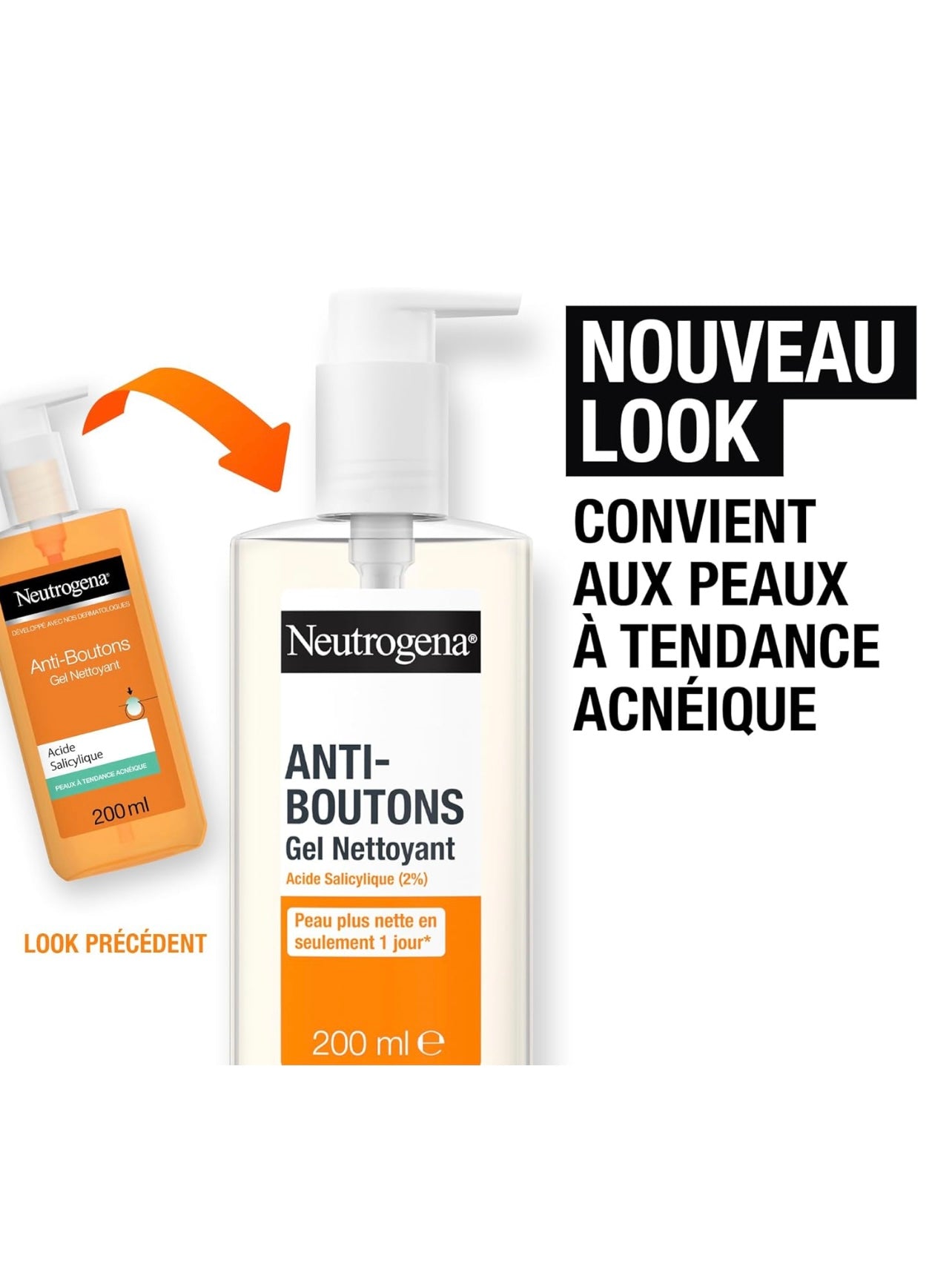 Neutrogena | Gel Nettoyant Anti-Boutons (flacon-pompe de 200 ml) – Nettoyant visage à l'acide salicylique (2%) – Élimine l'excès de sébum et les impuretés pour une peau plus nette en seulement 1 jour*