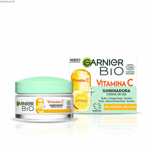 GARNIER Skin Active - Crème Hydratante Bio - Hydratation & Éclat - Nourrit, Lisse & Illumine Le Teint - Vitamine C & Agrumes - Vegan & Cruelty Free - Peaux Ternes En Manque D'Éclat - 50 ml